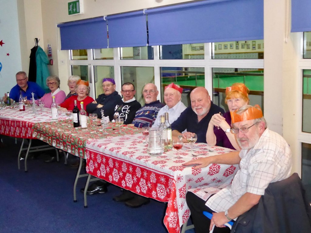 Sitting relaxed and waiting for the next course are from L To R  Jim Boyd, Lena Taylor, Evelyn Trewick, Evelyn Jones, Doug Hagelburg, Michael Pease, Derick Irving, Jim Bolam, Andy Mansfield, jean Porter & Alan Porter
